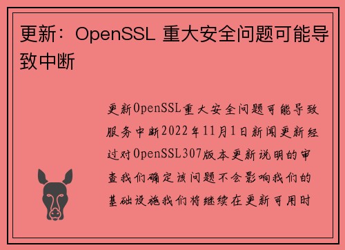 更新：OpenSSL 重大安全问题可能导致中断 